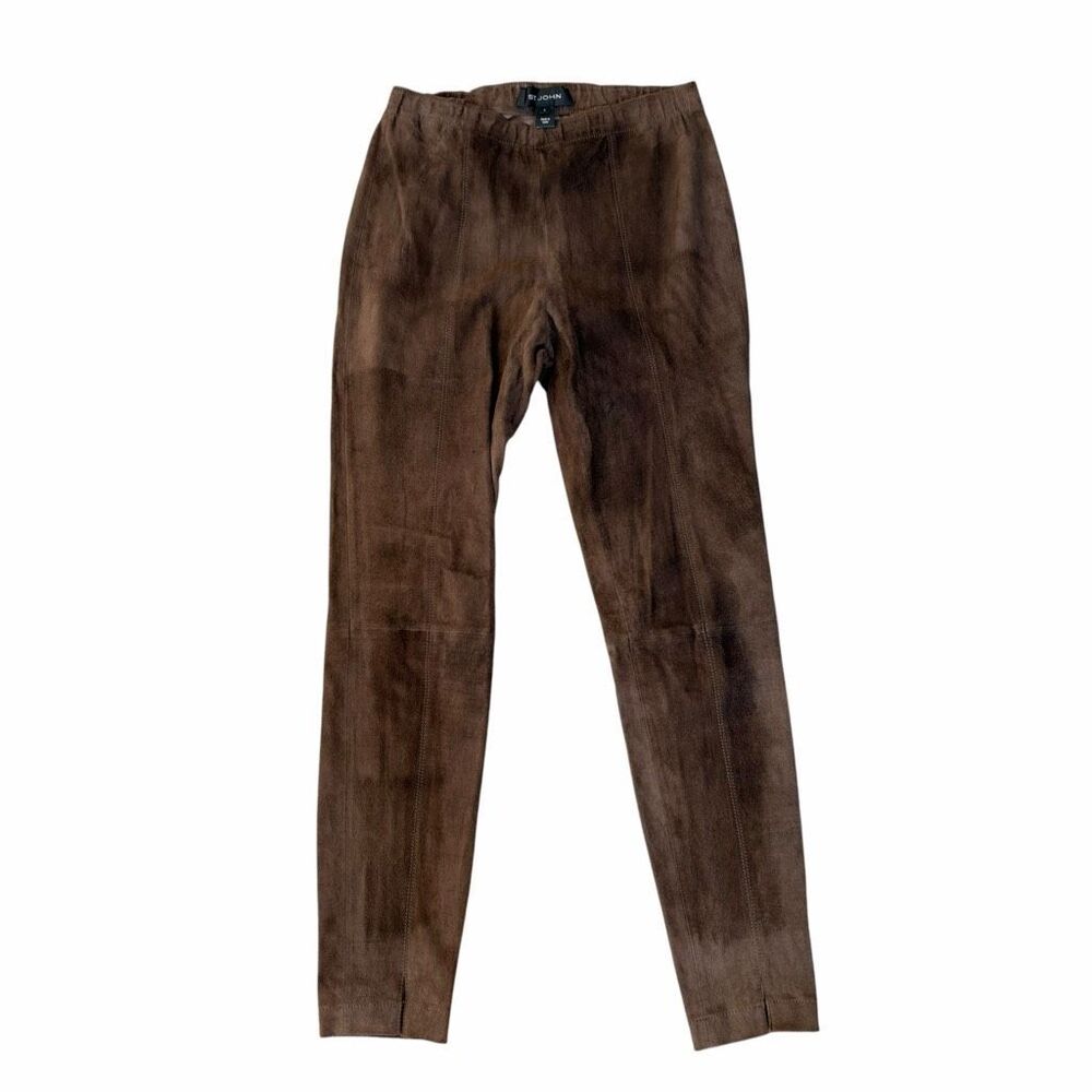 St. John Brown Suede Leather Stretch Pants Size 4 Slim Straight Leg